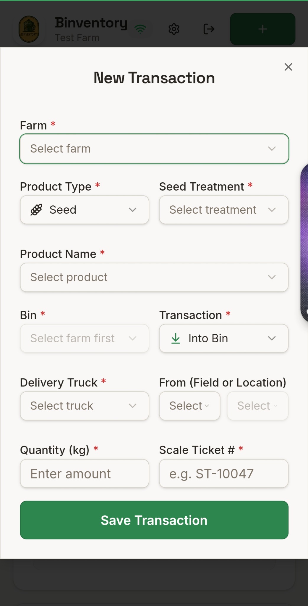 Mobile new transaction form