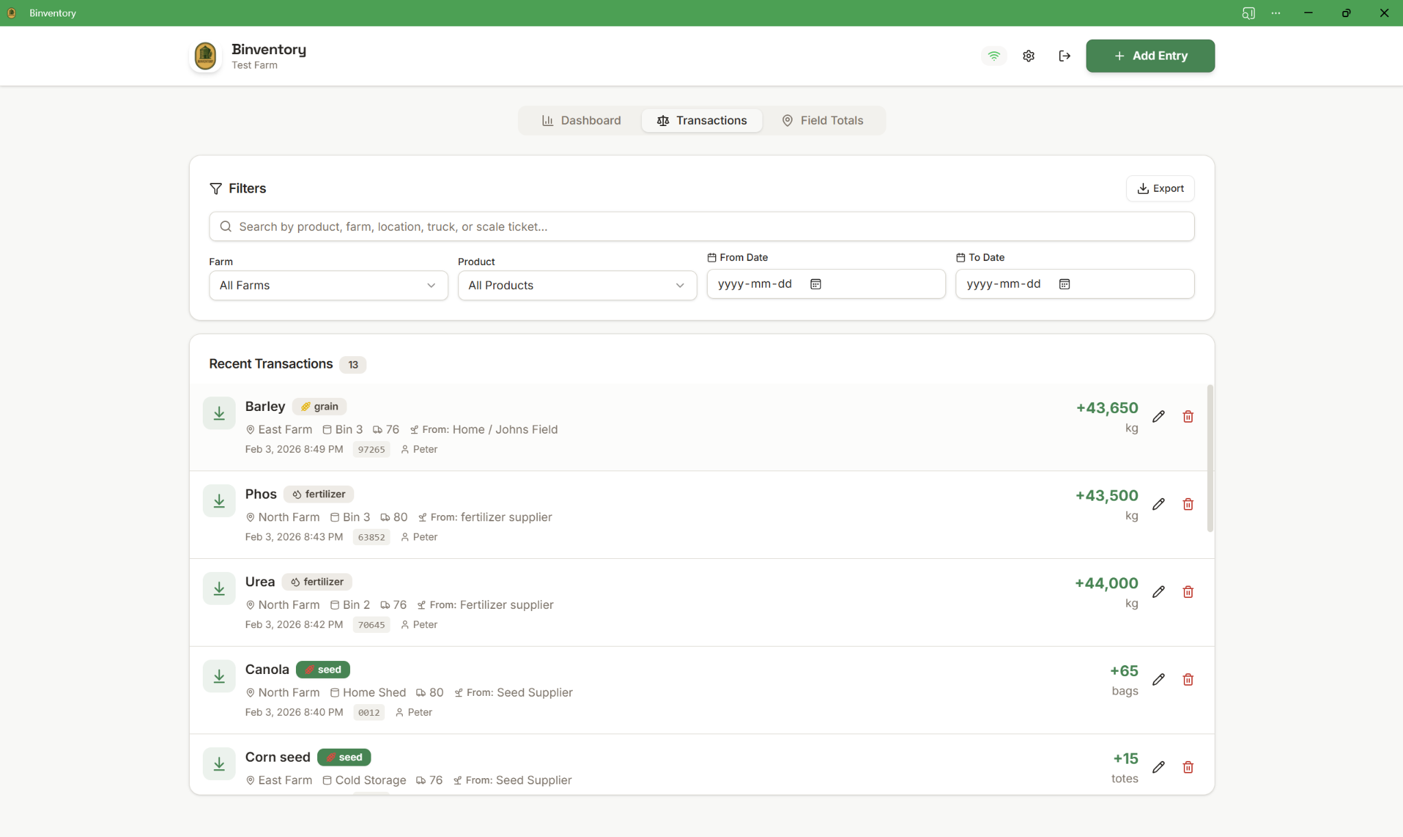Transactions list with filters and recent entries