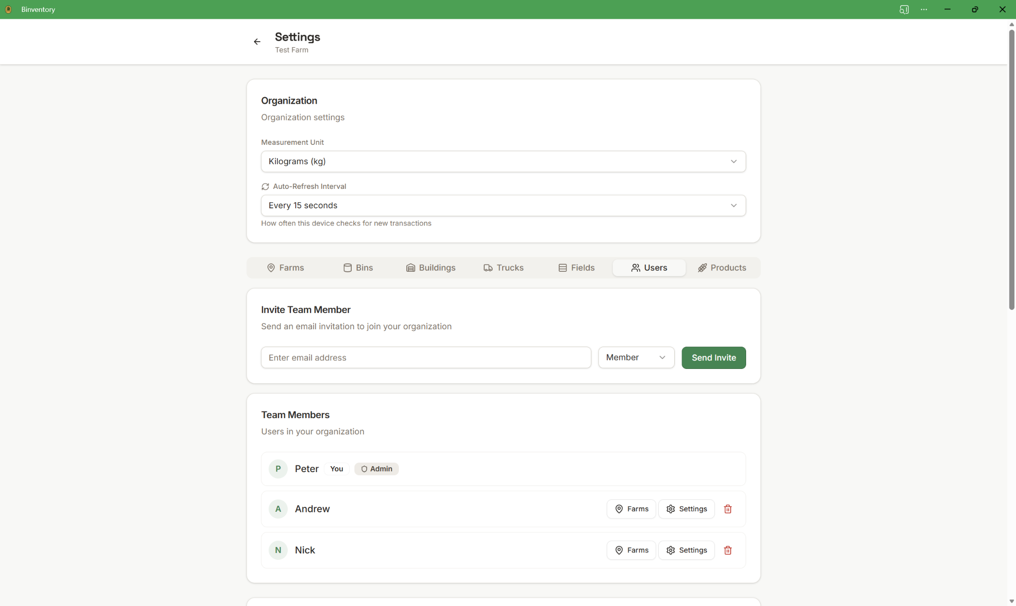 Users settings screen with invite team member and team list